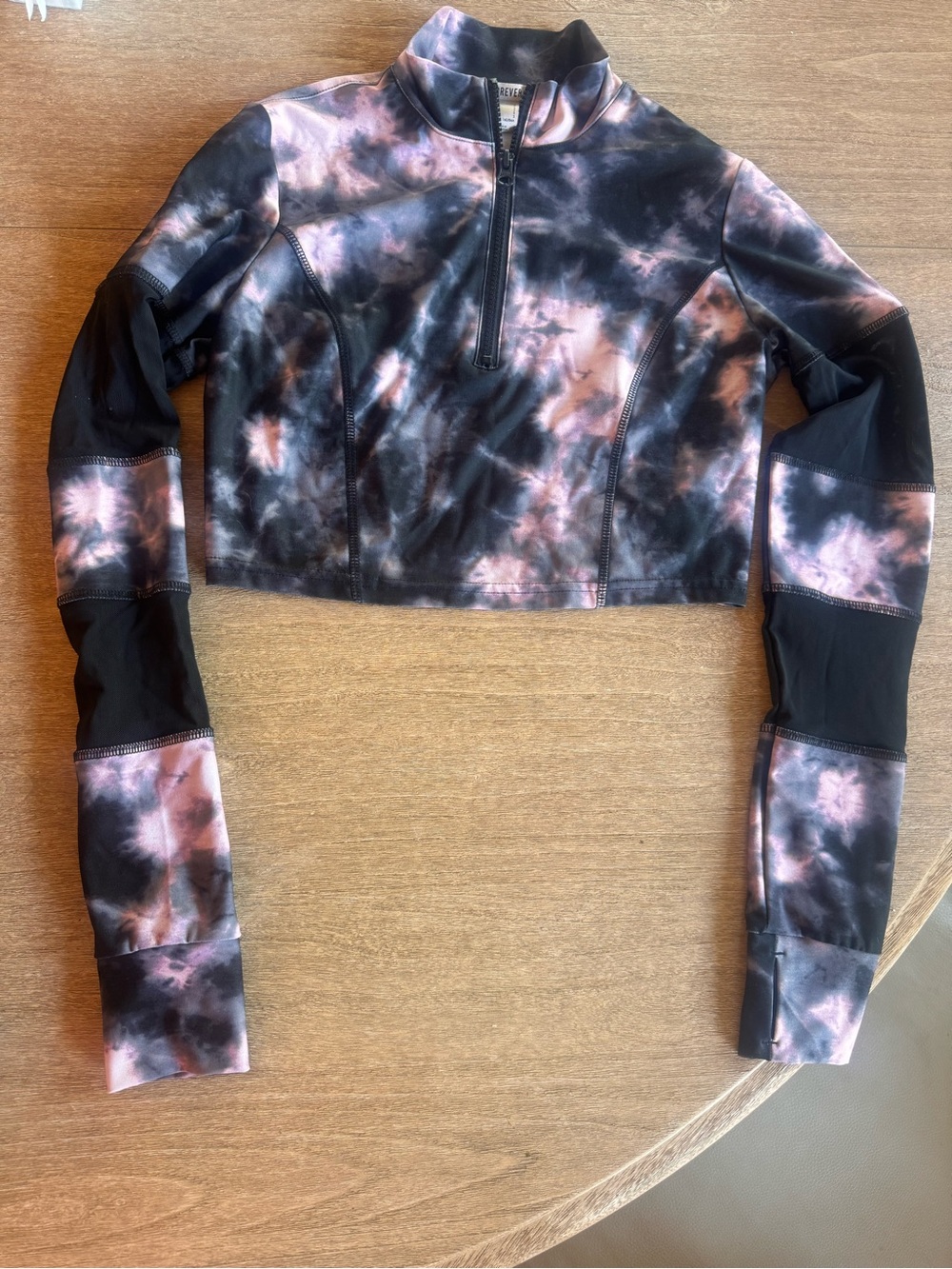 Tie-Dye Black and Pink Cropped Quarter-Zip Active Top- Forever 21 Sz Small